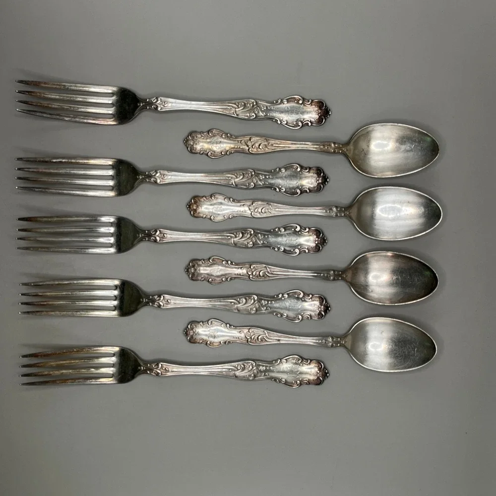 Vtg Rogers & Hamilton XII Tudor Silver Plate 9 Pc 5 Forks 4 Spoons M Monogram